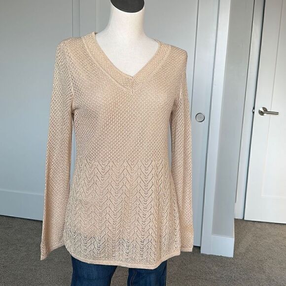 Gold V Neck Knit Sweater - Picture 1 of 8